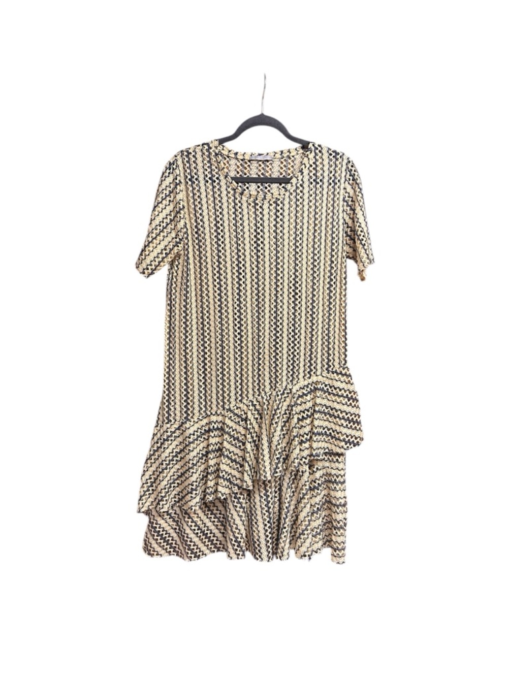 Zara Beige and Black Asymmetrical Ruffle Short Sleeve Sheer Dress